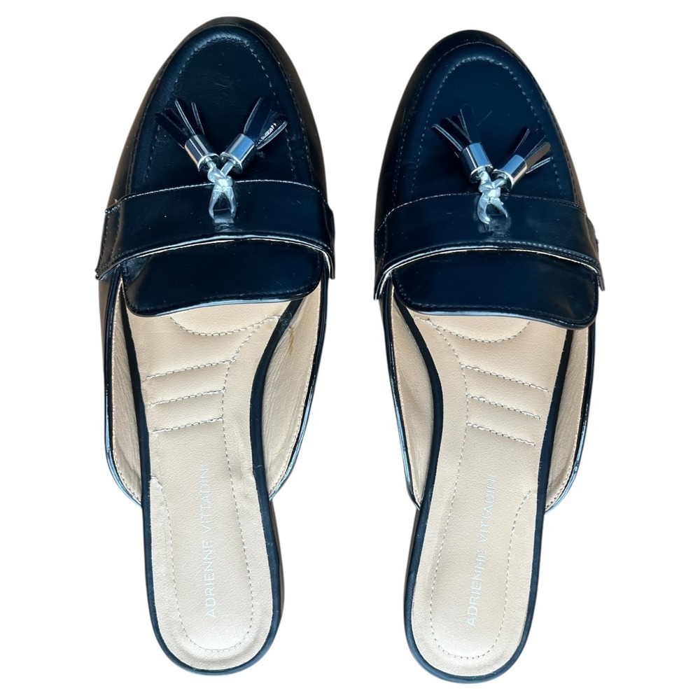 Adrienne Vittadini Black Tassel‎ Mule Loafers Pointed Slip On Flats 10M